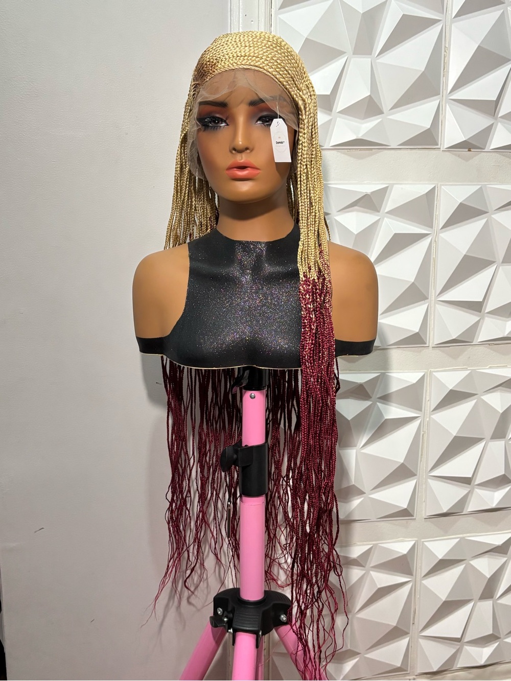 Long Cornrow Box Braided Wig Handmade Side Swept Blonde Pink Ombre Full Lace 38